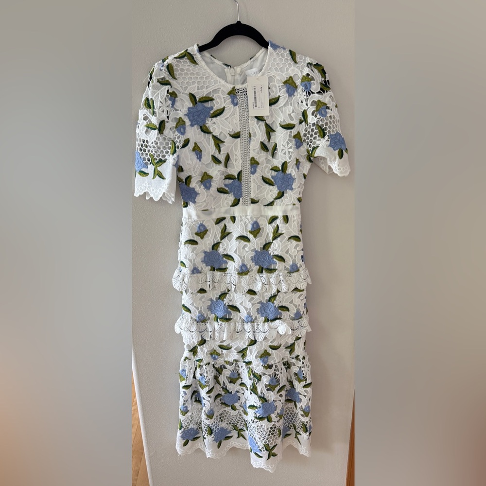 Floral Lace Kids Dress - White and Blue